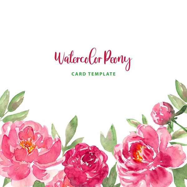 水色の緩いスタイルのピンクの牡丹の花と緑の葉のフレーム 招待状 バナー 結婚式 グリーティングカードのデザインのためのモダンなトレンディーなテンプレート 牡丹のポスターバラ — ストック写真
