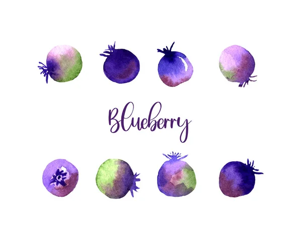 Blueberry Aquarela Set Imagens Bagas Pintadas Mão Brilhantes Isoladas Fundo — Fotografia de Stock