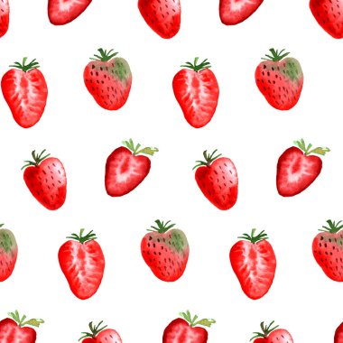 Olgun Çilek suluboya desenli. Tekstil, giysi, moda kumaşı, çarşaf, elbise, kapak, duvar kağıdı için sonsuz baskı. Modern moda tarzında el boyaması sanat.