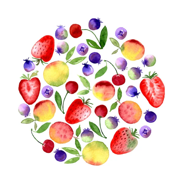 Akvarell Frukt Cirkel Runt Kort Jordgubbar Blåbär Körsbär Aprikos Persikofrukter — Stockfoto