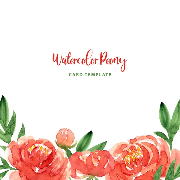 Watercolor loose style red peach peonies flower and green leaves frame. Modern trendy template for invitation, banner, wedding, greeting card design. Poster with peony, rose