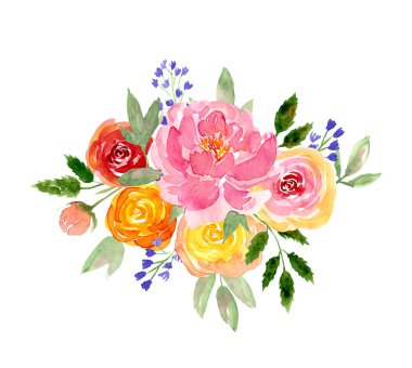 Suluboya pembe, kırmızı, şeftali rengi ostin gülü, şakayık, mavi çan çiçeği ve yeşil yapraklı buket. Davetiye, düğün, bayrak, tebrik kartı tasarımı için modern moda şablon sınırı, poster