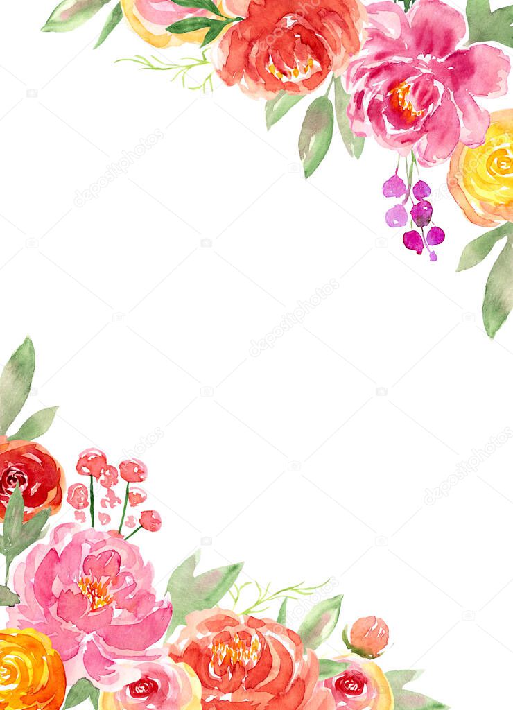 Watercolor loose style red, pink peach peonies, rose flower and green leaves corner frame. Modern trendy border template for invitation, banner, wedding, greeting card design. Poster with peony, rose.