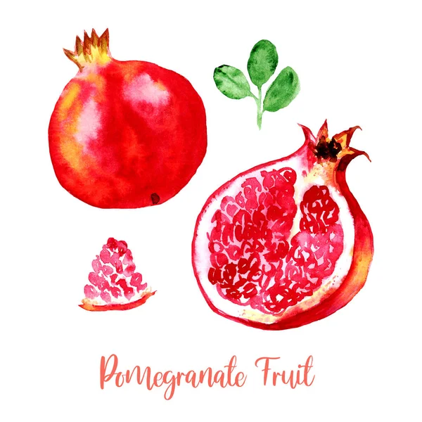 Granada Fruta Rojo Rosa Acuarela Conjunto Imágenes Brillante Mano Pintada —  Fotos de Stock