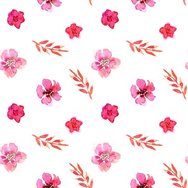 Suluboya güzel, küçük, pürüzsüz pembe çiçek deseni. Tekstil, kıyafet, moda, çarşaf, elbise, kapak, duvar kâğıdı için sonsuz baskı. Modern moda tarzında el boyaması sanat.