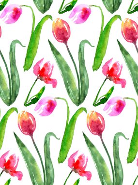 Suluboya güzel, küçük, pürüzsüz pembe lale deseni. Tekstil, kıyafet, moda, çarşaf, elbise, kapak, duvar kâğıdı için sonsuz baskı. Modern moda tarzında el boyaması sanat