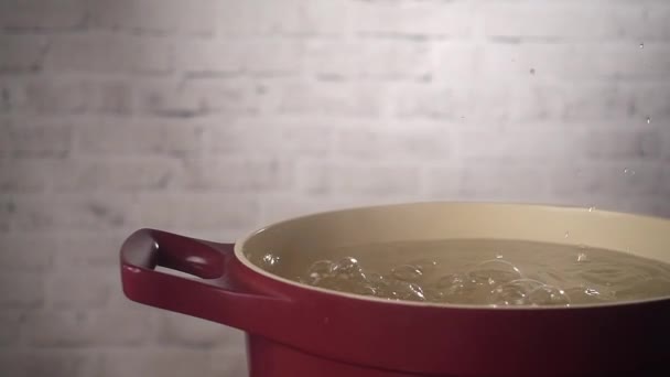 Pasta sta lentamente cadendo in acqua calda, al rallentatore hd video — Video Stock