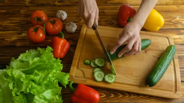 Mujer manos cuttind pepino en ensalada, 4k timelapse video — Vídeos de Stock