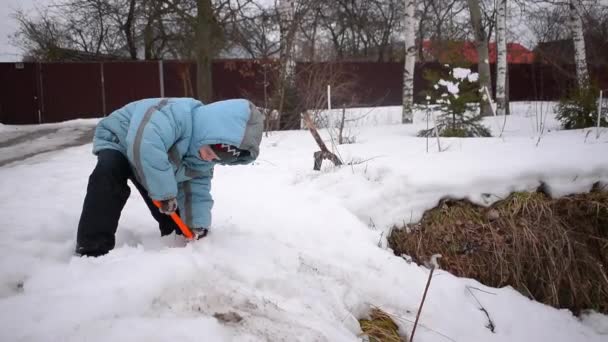 Litle ładny chłopiec jest usuwanie kwitów śniegu łopatą, hd wideo w zwolnionym tempie — Wideo stockowe