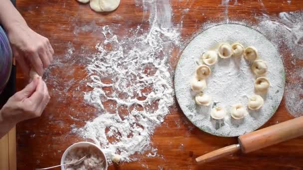 Mujer mayor hacer dumpling casero, hd video, vista superior — Vídeos de Stock