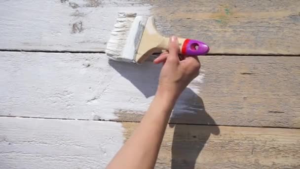 Ragazza sta dipingendo tavolo con colore bianco, vista dall'alto video — Video Stock
