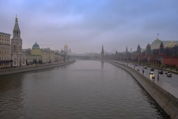 Moscow, Russia, panorama of Kremlin in rainy, foggy day