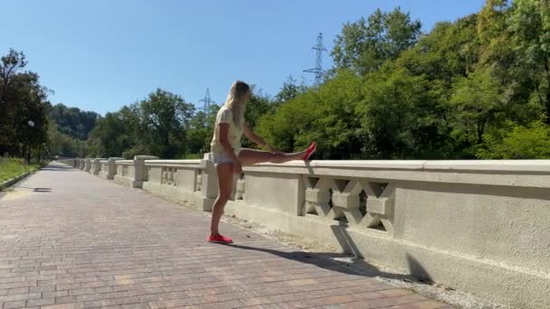Fiatal vonzó karcsú nő nyúlik a parkban. Egészséges életmód koncepció — Stock videók