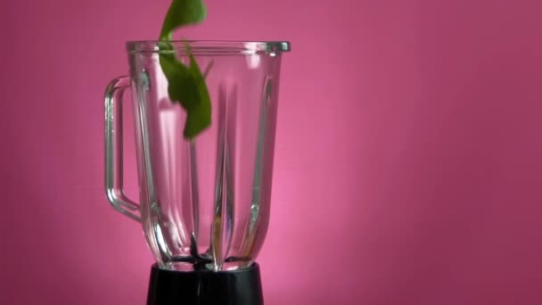 Spinazie valt naar beneden naar blender op roze achtergrond — Stockvideo