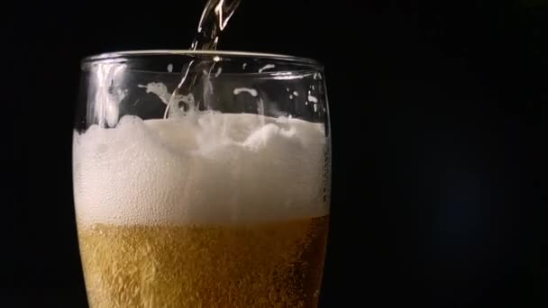 Bier aus grüner Flasche in ein Glas gießen, Zeitlupe — Stockvideo