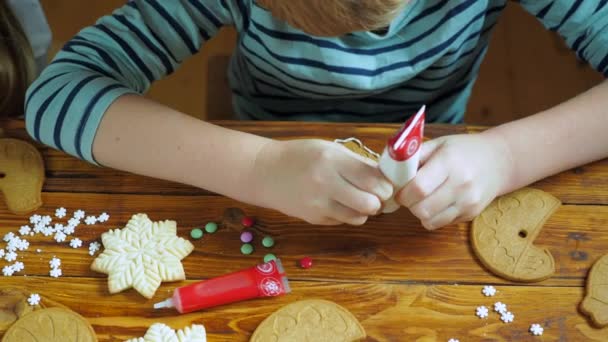 男の子は休日のためのクリスマスクッキーを飾る — ストック動画
