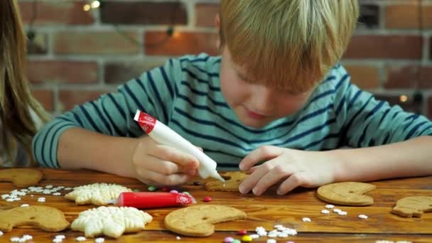 Menino e menina decorar biscoitos de Natal para o feriado — Vídeo de Stock