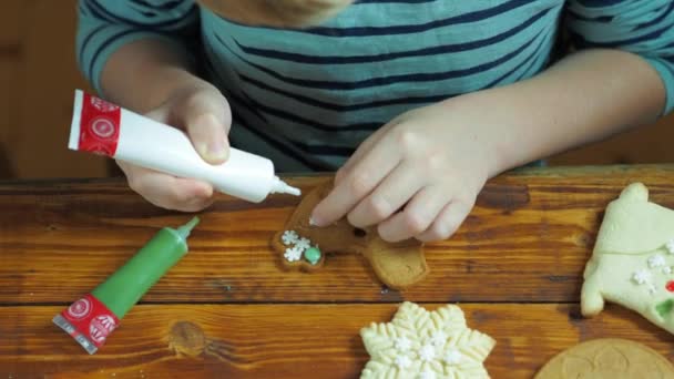 男孩在圣诞节装饰圣诞饼干 — 图库视频影像