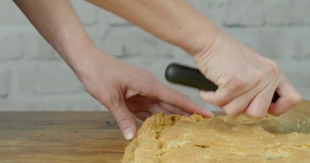 Mujer cortando pastel hecho a mano en la mesa — Vídeo de stock