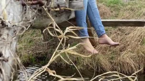 Vrouw benen in jeans zonder schoen bungelend aan oude houten brug — Stockvideo