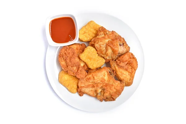 Crispy Fried Chicken White Plate White Background — Stock Photo, Image