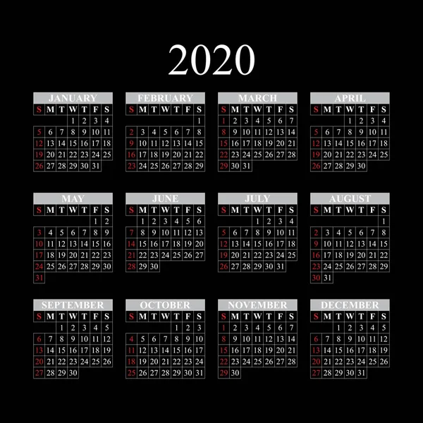 Calendario vectorial para 2020 año sobre fondo negro. EPS10 . — Vector de stock