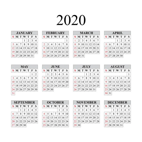 Vector calendar for 2020 year. EPS10. — Stock Vector