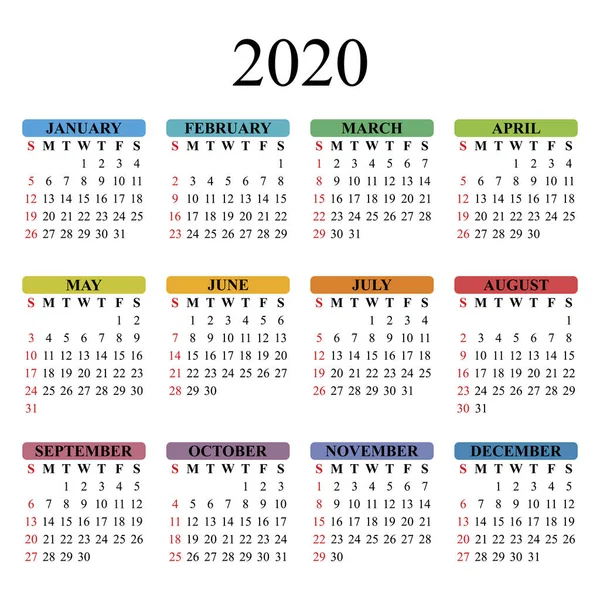 2020 년 벡터 달력. — 스톡 벡터