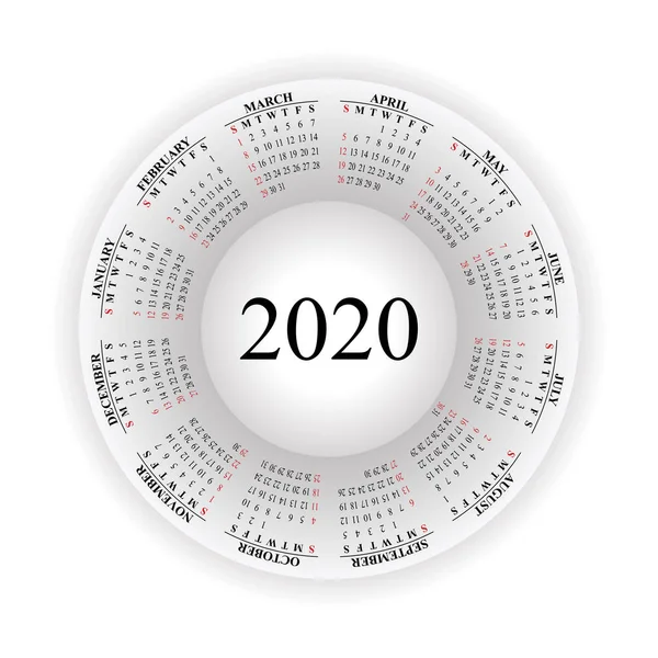 Round calendar for 2020 on white background. — Stock Vector