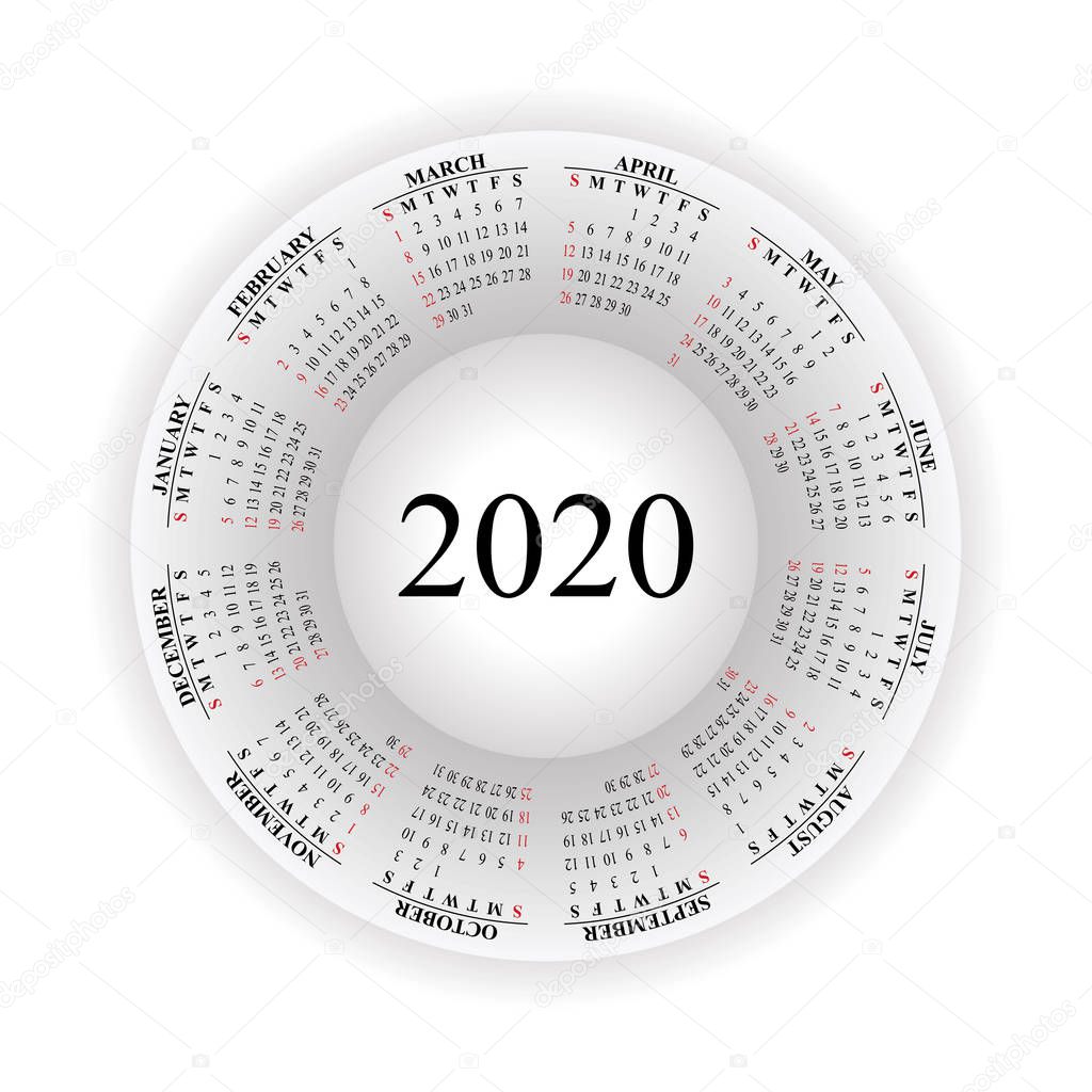Round calendar for 2020 on white background. 