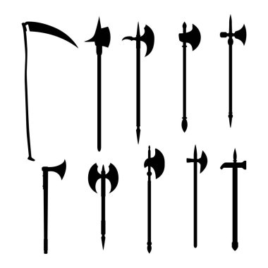 Ortaçağ vektör silahları seti: savaş baltası siyah siluet beyaz arka planda izole edildi.