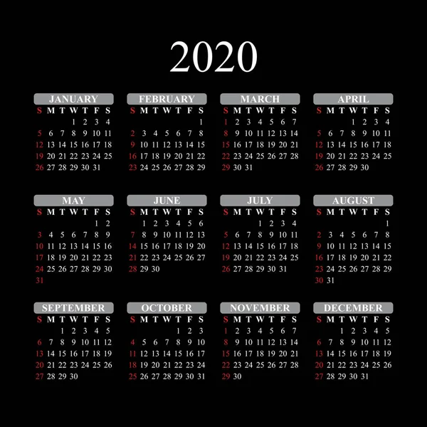 Calendário Para 2020 Ano Fundo Preto Vetor Eps10 —  Vetores de Stock
