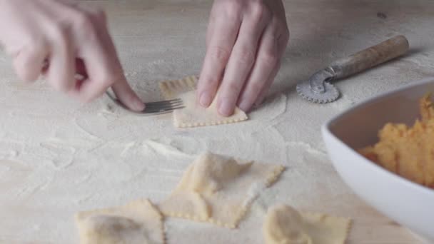 Closeup Process Making Ravioli Vegan Homemade Pasta Housewife Cook Closes — Stock Video