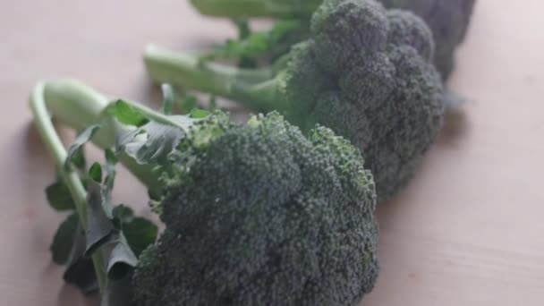 Close Tufts Broccoli Placed Light Wooden Table Natural Light Profile — Stock Video