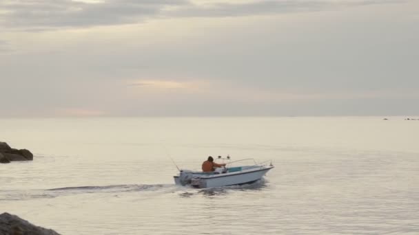 Inflatable Boat Leaves Small Port Sunrise Sunset Flat Sea Low — Stock video