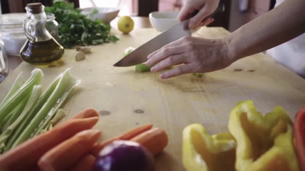 Lnízký Úhel Pohledu Mladou Kuchařku Krájející Celer Různou Zeleninou Lehkém — Stock video