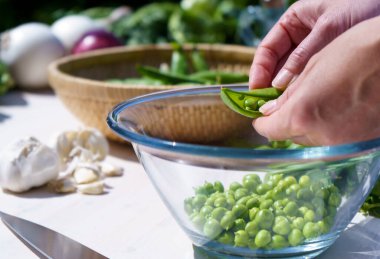 Kapalı bir cam kasenin içindeki bezelye kabuğundan güneş ışığı alan bir kadının ellerini kapat.