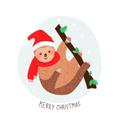 Daldaki Noel Baba şapkalı şirin tembel hayvan. Kış tarzı giyinmiş tatlı tembel hayvan. Sevimli Noel hayvanı. Vektör