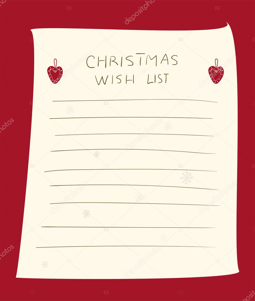Christmas wish list page template. Hand drawn graphic for Christmas