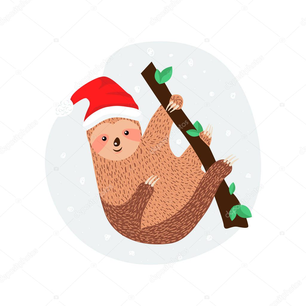 Cute sloth in Santa hat on the branch. Sweet sloth dressed up in winter style. Adorable Christmas animal. Vector