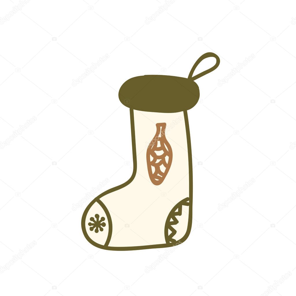 Christmas sock. Merry Xmas holiday hand drawn doodle sock with tree cone. Vector illustration