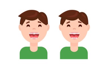 Öncesinde ve sonrasında diş tedavisi görüyor. Diş telleri olan sevimli çizgi film çocuğu. Diş teli taktıktan sonra gülümseyen çocuklar