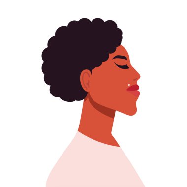 Kendine güveni olan afro saçlı Afrikalı bir kız. Kadın portresi. Avatarlar için bir kadının vektör illüstrasyonu. Haklar ve bağımsızlık mücadelesi