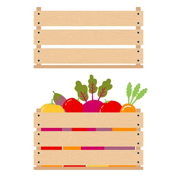 Koncept sklizně. Vektorová ilustrace porovnání prázdné dřevěné krabice s plnou krabicí zeleniny. Izolovaný objekt z čerstvých, přírodních potravin. Ekologické produkty k nákupu v supermarketu — Stockový vektor