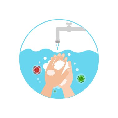Coronavirus alarmı. Ellerini yıka ikon. Wuhan virüsü önleme. Küresel Coronavirüs salgınını durdurun. Hijyen teması üzerine vektör illüstrasyonu