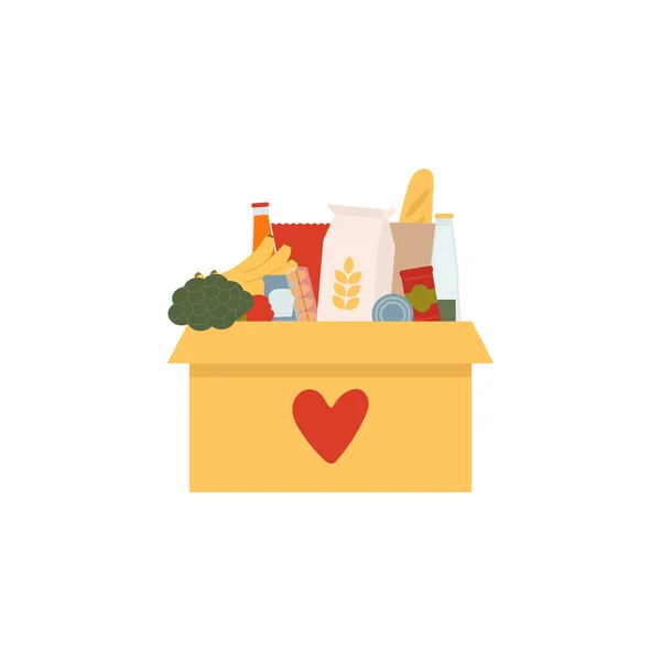 Jídlo darované koronavirem. Darovací krabice se srdcem. Krabice s různými druhy potravin. — Stockový vektor