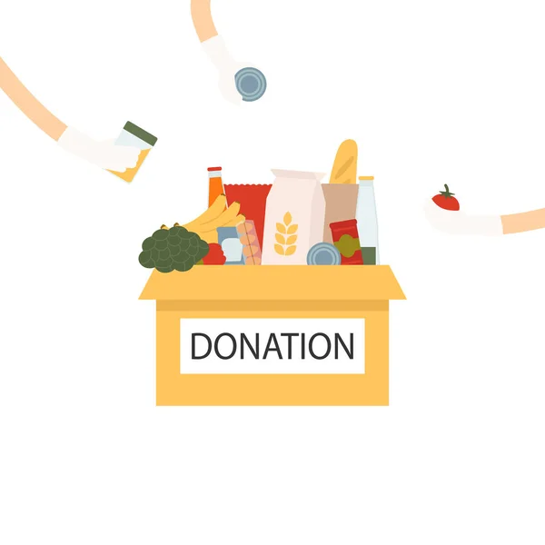 Donación de Coronavirus voluntario de alimentos. Caja de donaciones con corazón y manos en guantes dando golosinas. Caja con diferentes tipos de suministros de alimentos . — Archivo Imágenes Vectoriales