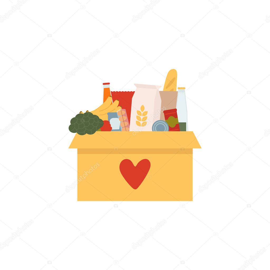 Coronavirus donation food. Donation box with heart. Box with different types of food supplies.