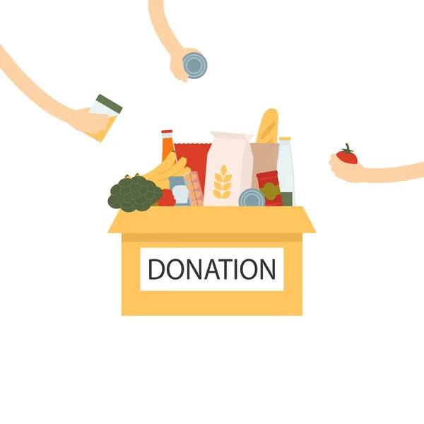 Alimentos para donación de coronavirus. Caja de donaciones con comida y manos dando golosinas. Caja con diferentes tipos de suministros de alimentos . — Archivo Imágenes Vectoriales