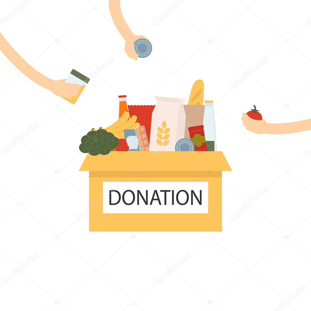 Coronavirus donation food. Donation box with food and hands giving goodies. Box with different types of food supplies.